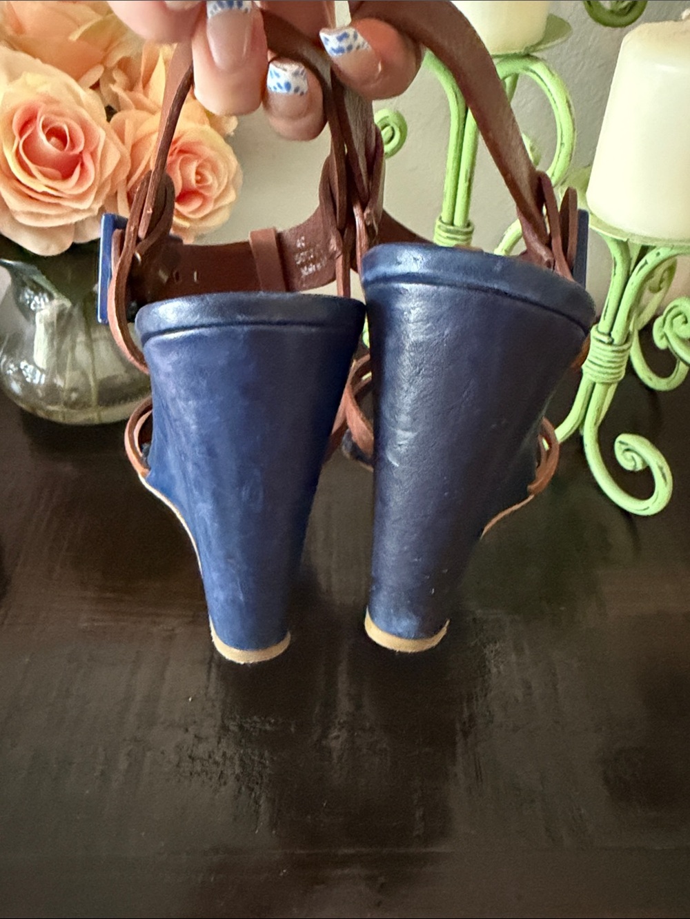 BOSS ORANGE Brown Leather Wedge Sandals with Blue Buckle - Picture 4 of 8
